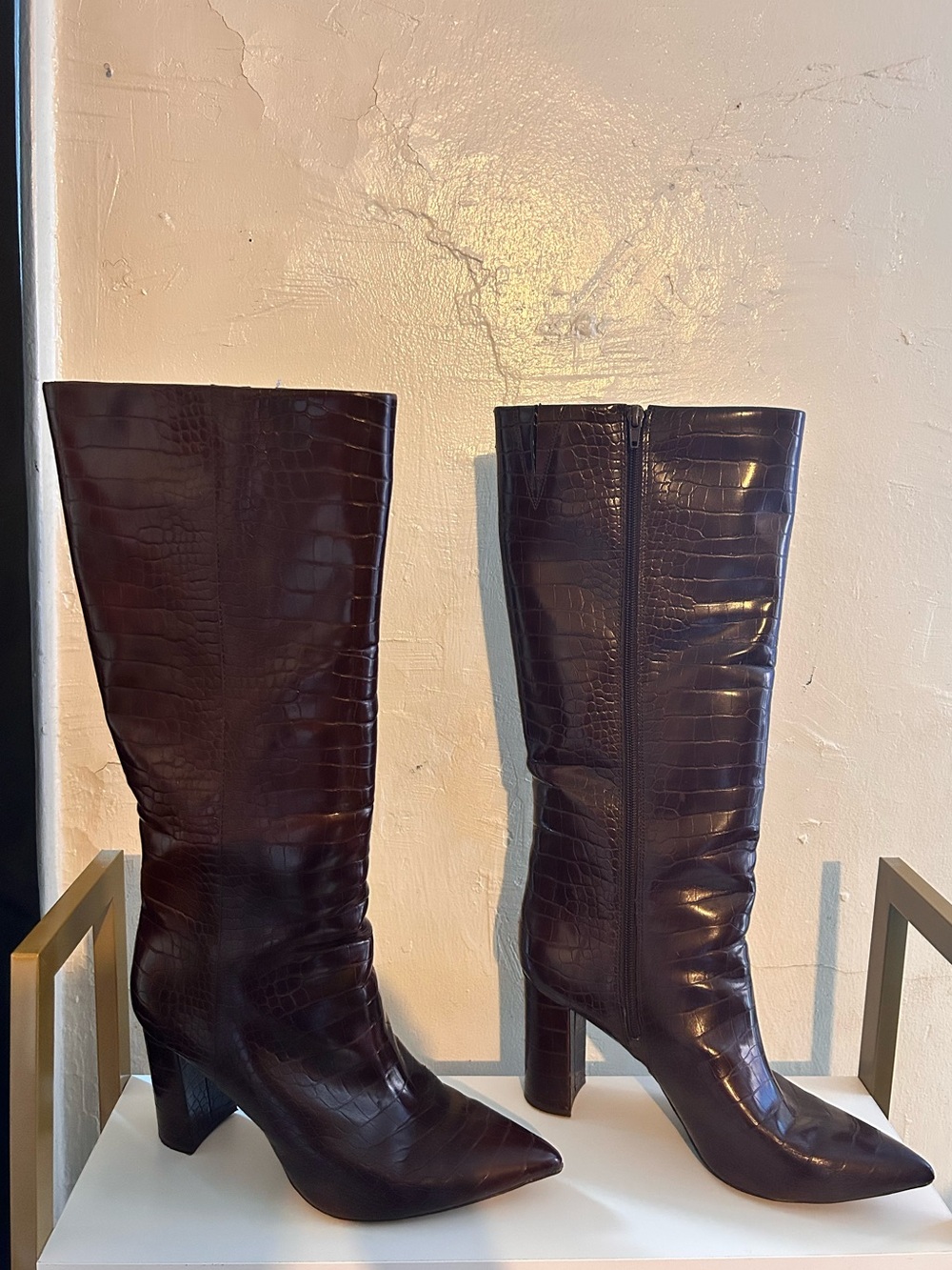 I.N.C Women's Tall Croc-Embossed Pointed Toe Boots - Dark Brown
